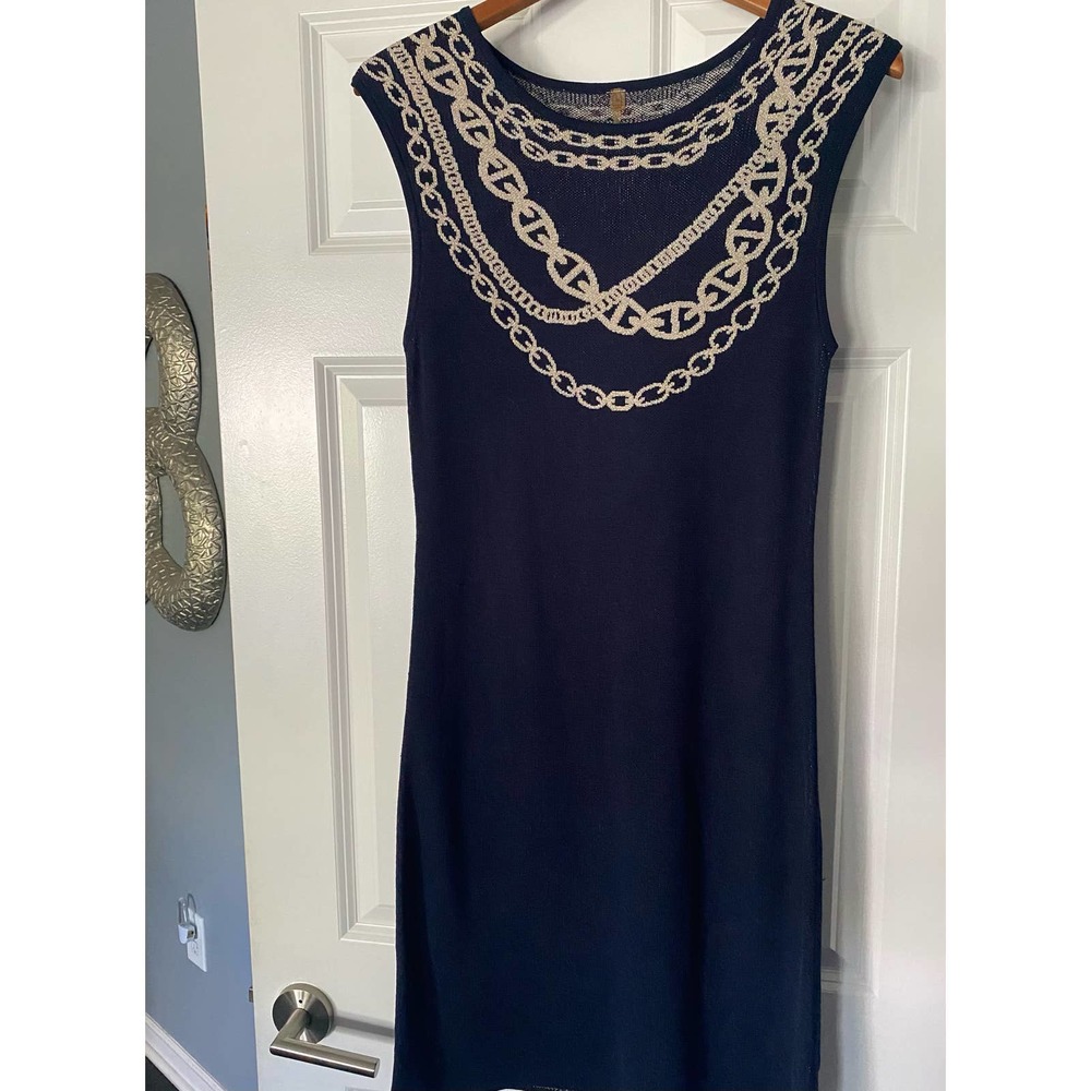 Adrienne Boutique Sweater Dress, Navy Blue & Gold, Sleeveless , EUC